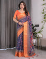 Vibrant Orange & Navy Blue Handloom Saree with Kalamkari Peacock Art Pallu & Zari Border | 5.5m Saree + 0.8m Blouse Piece