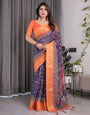 Vibrant Orange & Navy Blue Handloom Saree with Kalamkari Peacock Art Pallu & Zari Border | 5.5m Saree + 0.8m Blouse Piece