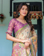 Ivory & Violet Handloom Cotton Saree with Royal Procession & Tree of Life Pallu