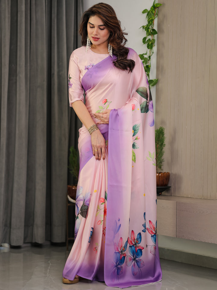 Lavender Pink Satin Georgette Floral Printed Saree with Ombre Border & Attached Blouse – Soft Pastel Designer Elegance
