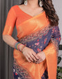 Vibrant Orange & Navy Blue Handloom Saree with Kalamkari Peacock Art Pallu & Zari Border | 5.5m Saree + 0.8m Blouse Piece
