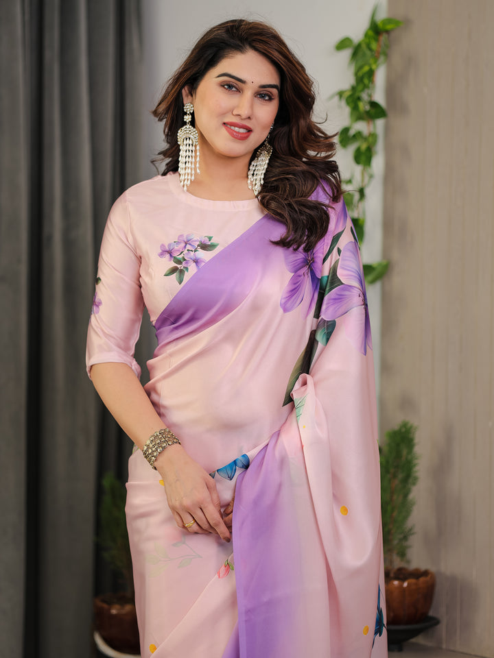 Lavender Pink Satin Georgette Floral Printed Saree with Ombre Border & Attached Blouse – Soft Pastel Designer Elegance