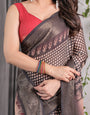 Elegant Beige Handloom Saree with Maroon Leaf Butta & Black Zari Woven Pallu | Festive Drape | 5.5m Saree + 0.8m Blouse