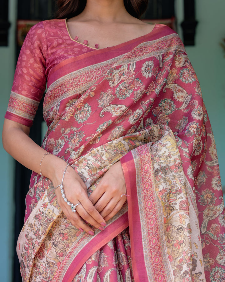 Maroon Rose Pink Handloom Cotton Saree with Traditional Procession Print & Floral Vine Motifs