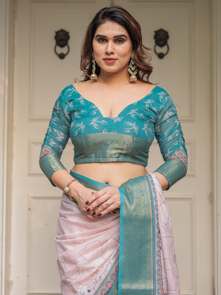Pastel Lavender Floral Printed Saree with Teal Green Zari Border & Tassels – Elegant Festive Ethnic Wear