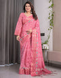 Rose Pink Bandhani-Inspired Handloom Linen Saree with White Floral Dots & Zari Border | 5.5m Saree + 0.8m Attached Blouse with Tassels