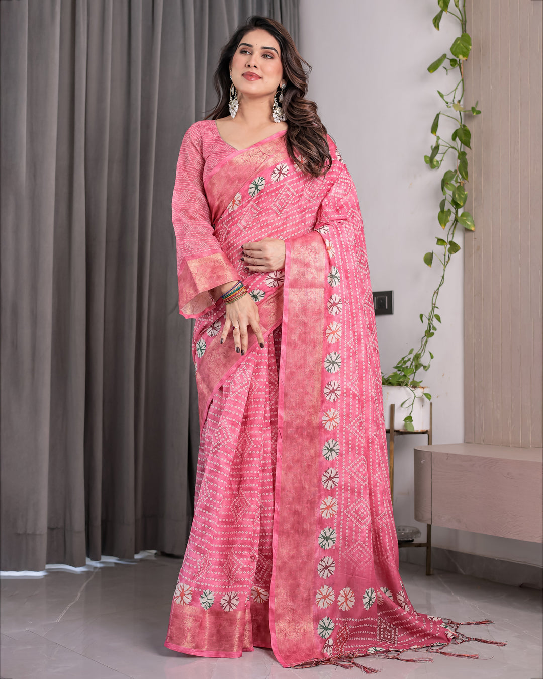 Rose Pink Bandhani-Inspired Handloom Linen Saree with White Floral Dots & Zari Border | 5.5m Saree + 0.8m Attached Blouse with Tassels