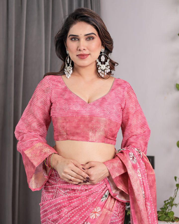 Rose Pink Bandhani-Inspired Handloom Linen Saree with White Floral Dots & Zari Border | 5.5m Saree + 0.8m Attached Blouse with Tassels