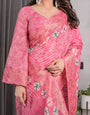 Rose Pink Bandhani-Inspired Handloom Linen Saree with White Floral Dots & Zari Border | 5.5m Saree + 0.8m Attached Blouse with Tassels
