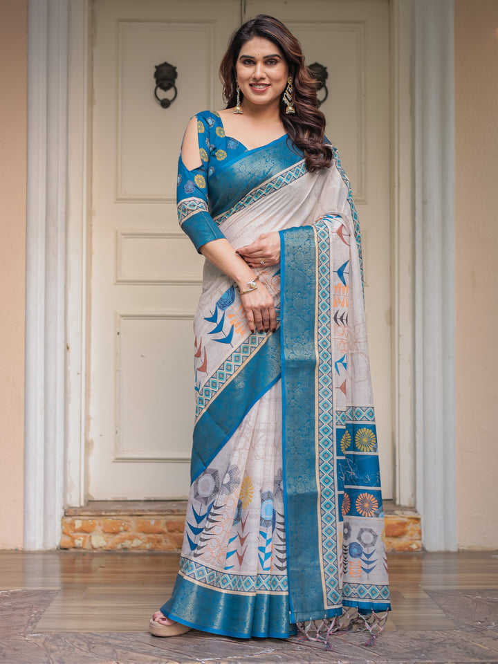 Teal Blue Handloom Cotton Printed Saree with Ethnic Panel Pallu, Woven Border & Tassels – Traditional Festive Wear