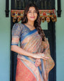 Rust & Blue Handloom Cotton Saree with Classical Dancer Motif and Patchwork Digital Print
