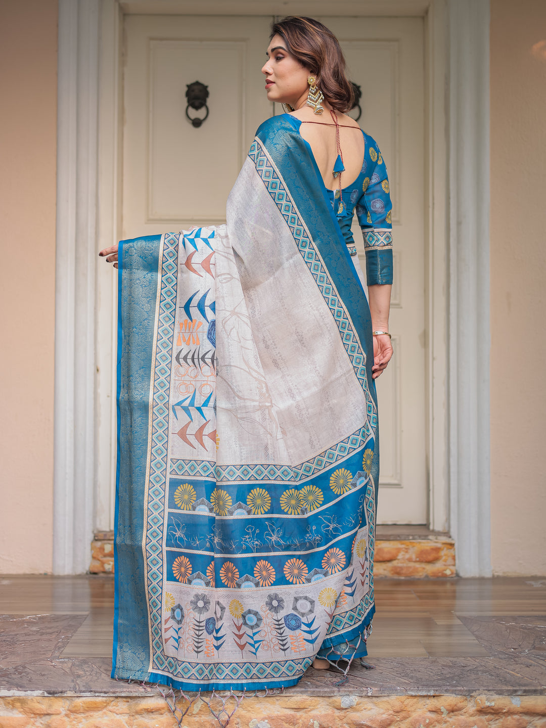 Teal Blue Handloom Cotton Printed Saree with Ethnic Panel Pallu, Woven Border & Tassels – Traditional Festive Wear