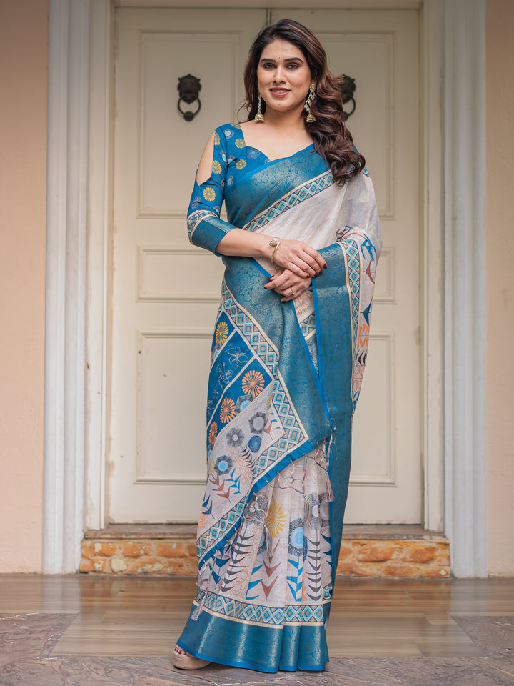 Teal Blue Handloom Cotton Printed Saree with Ethnic Panel Pallu, Woven Border & Tassels – Traditional Festive Wear