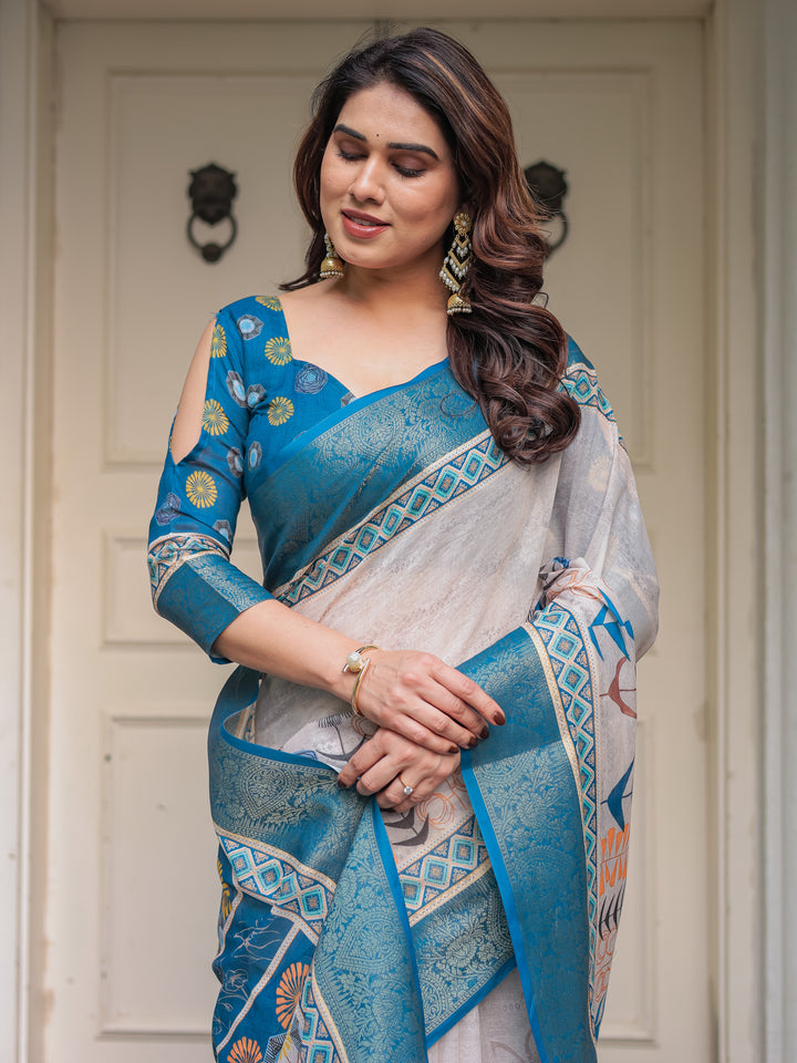 Teal Blue Handloom Cotton Printed Saree with Ethnic Panel Pallu, Woven Border & Tassels – Traditional Festive Wear