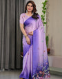 Lavender & Royal Purple Ombre Satin Georgette Floral Printed Saree with Attached Blouse – Soft Pastel Bloom Designer Drape