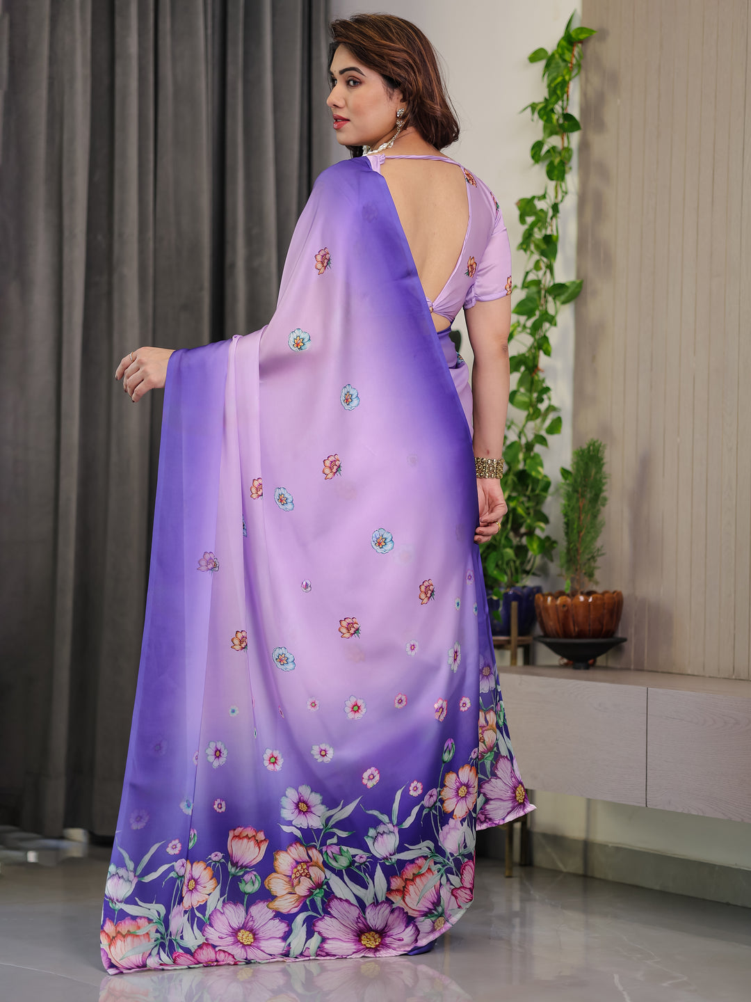 Lavender & Royal Purple Ombre Satin Georgette Floral Printed Saree with Attached Blouse – Soft Pastel Bloom Designer Drape