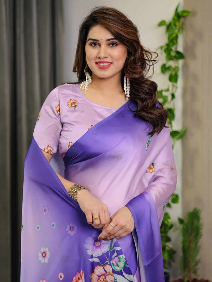 Lavender & Royal Purple Ombre Satin Georgette Floral Printed Saree with Attached Blouse – Soft Pastel Bloom Designer Drape