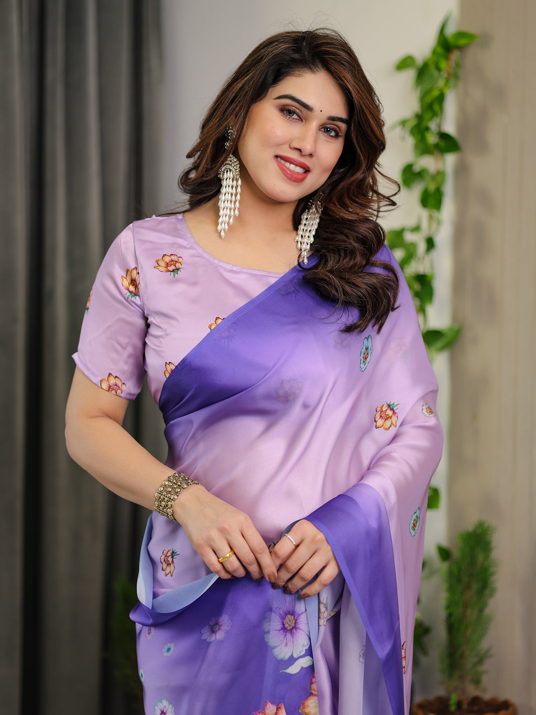 Lavender & Royal Purple Ombre Satin Georgette Floral Printed Saree with Attached Blouse – Soft Pastel Bloom Designer Drape