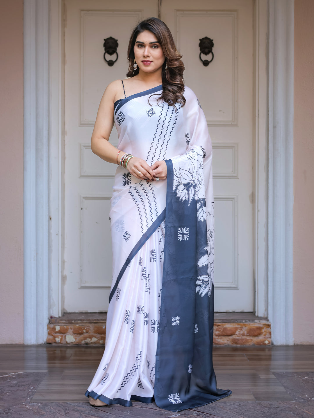 Grey & Ivory Floral Printed Satin Georgette Saree with Matching Blouse – Elegant Contemporary Party Wear