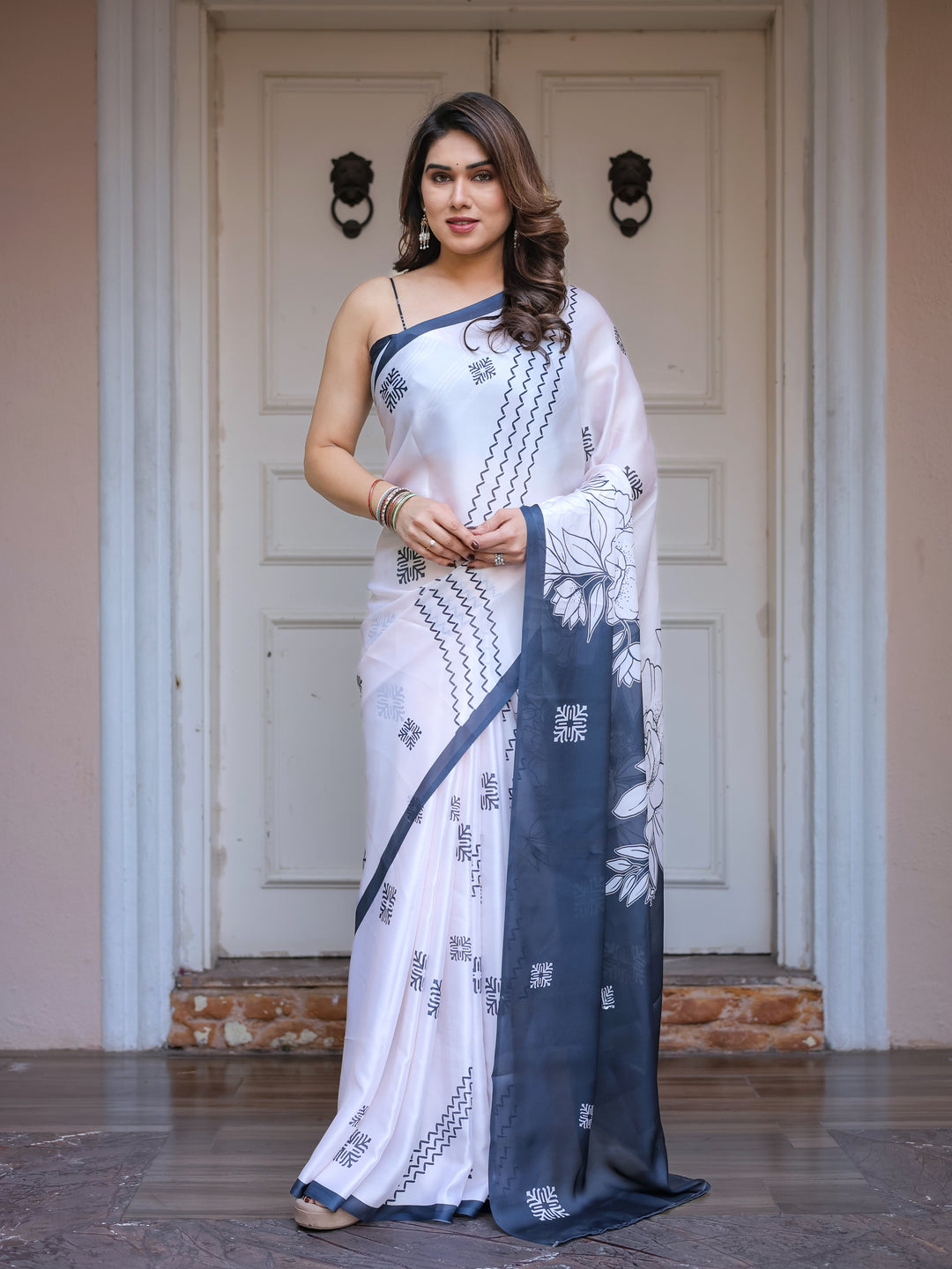 Grey & Ivory Floral Printed Satin Georgette Saree with Matching Blouse – Elegant Contemporary Party Wear