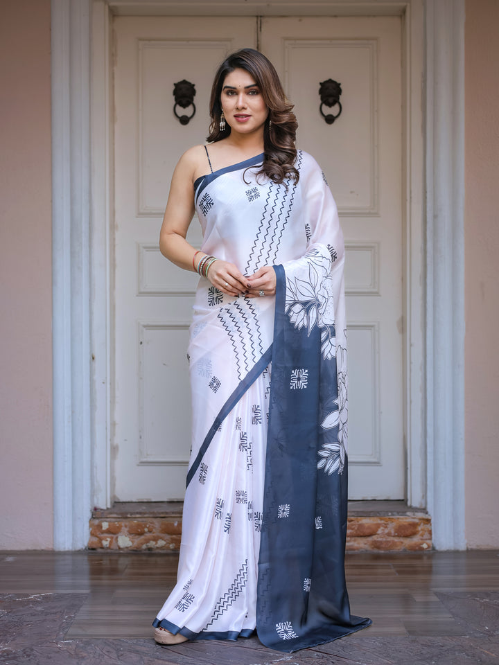 Grey & Ivory Floral Printed Satin Georgette Saree with Matching Blouse – Elegant Contemporary Party Wear