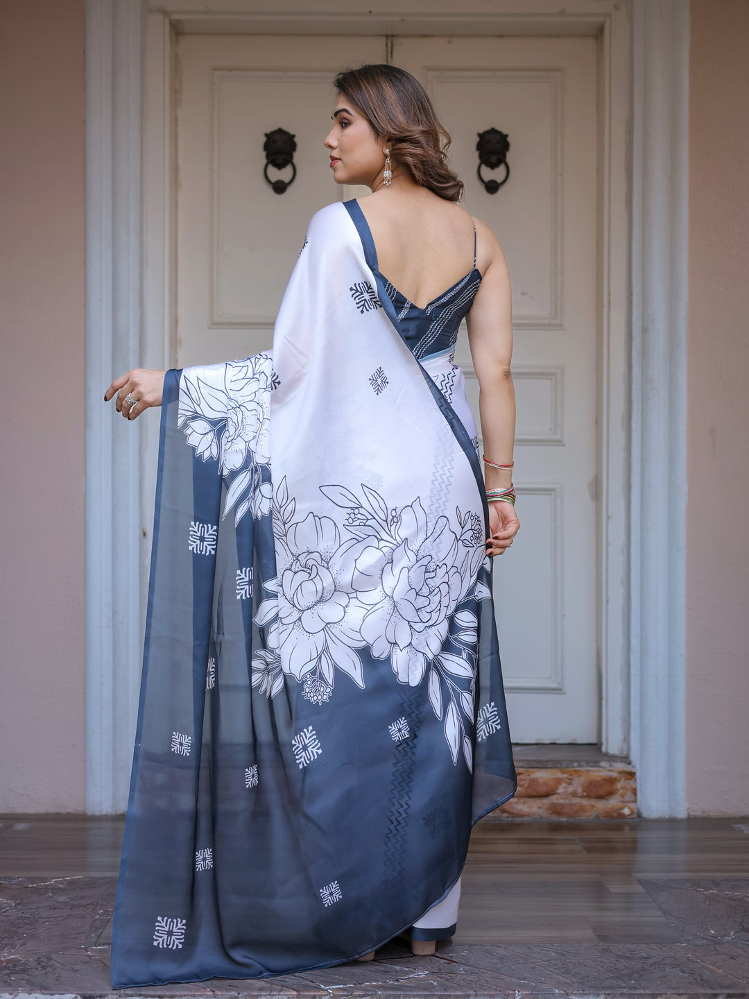 Grey & Ivory Floral Printed Satin Georgette Saree with Matching Blouse – Elegant Contemporary Party Wear