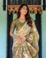 Olive Green & Ivory Handloom Cotton Saree with Lotus Blooms and Royal Elephant Motifs