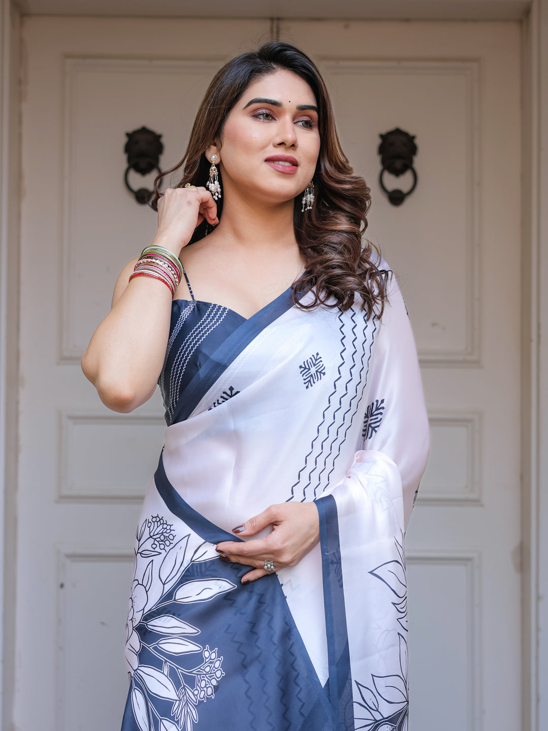 Grey & Ivory Floral Printed Satin Georgette Saree with Matching Blouse – Elegant Contemporary Party Wear