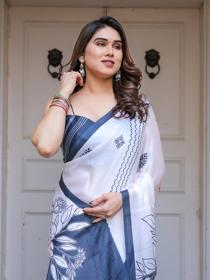 Grey & Ivory Floral Printed Satin Georgette Saree with Matching Blouse – Elegant Contemporary Party Wear