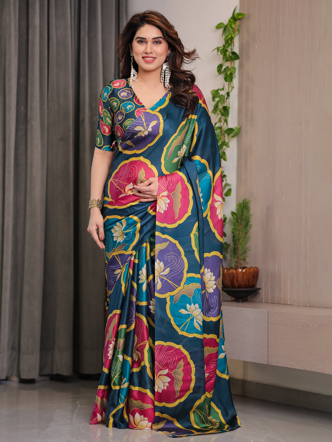 Teal Blue Satin Georgette Lotus Medallion Printed Saree with Attached Blouse – Multicolour Floral Designer Drape
