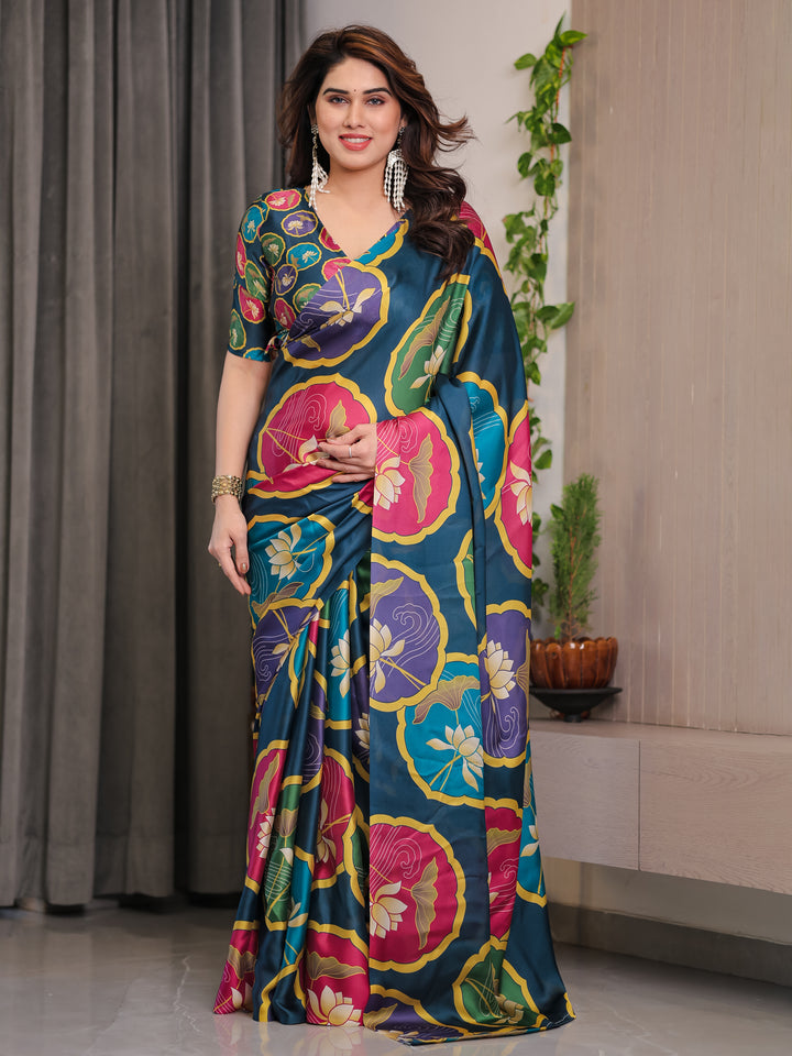 Teal Blue Satin Georgette Lotus Medallion Printed Saree with Attached Blouse – Multicolour Floral Designer Drape