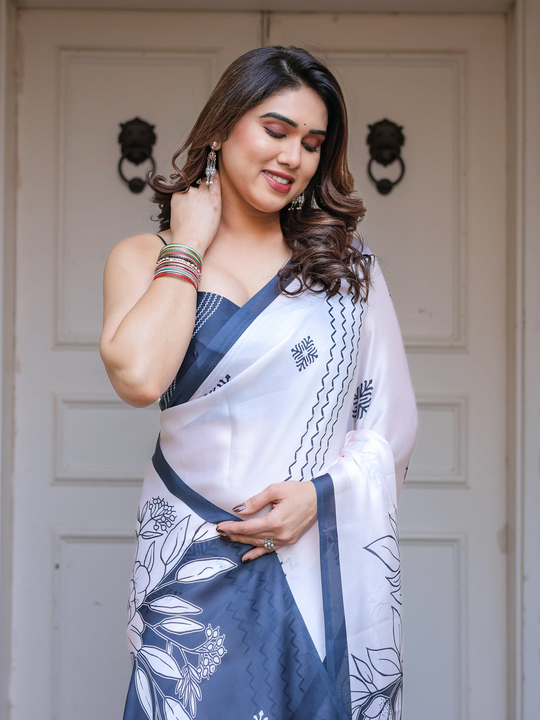 Grey & Ivory Floral Printed Satin Georgette Saree with Matching Blouse – Elegant Contemporary Party Wear