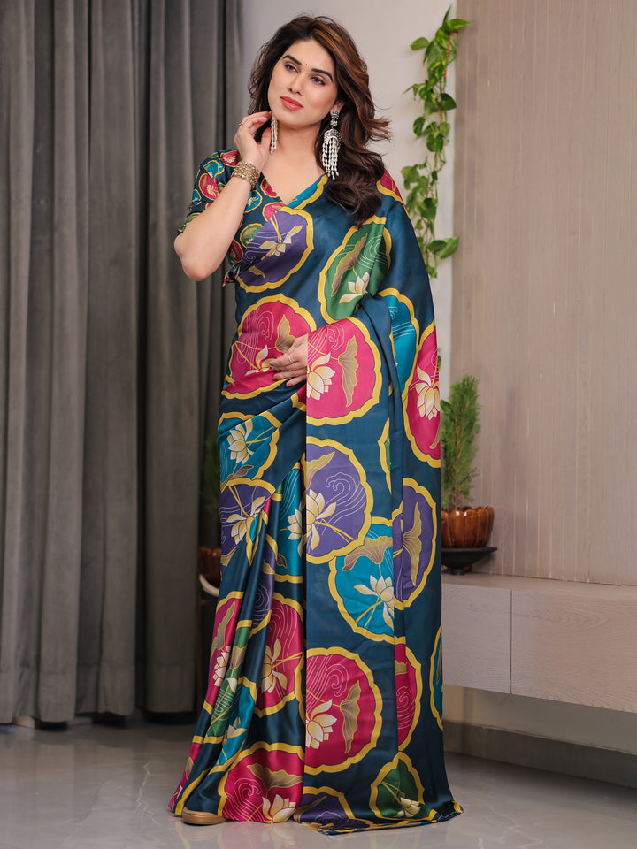 Teal Blue Satin Georgette Lotus Medallion Printed Saree with Attached Blouse – Multicolour Floral Designer Drape