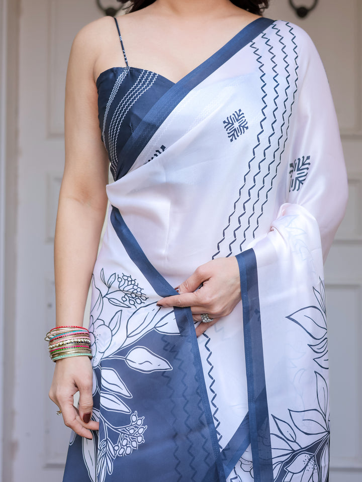 Grey & Ivory Floral Printed Satin Georgette Saree with Matching Blouse – Elegant Contemporary Party Wear