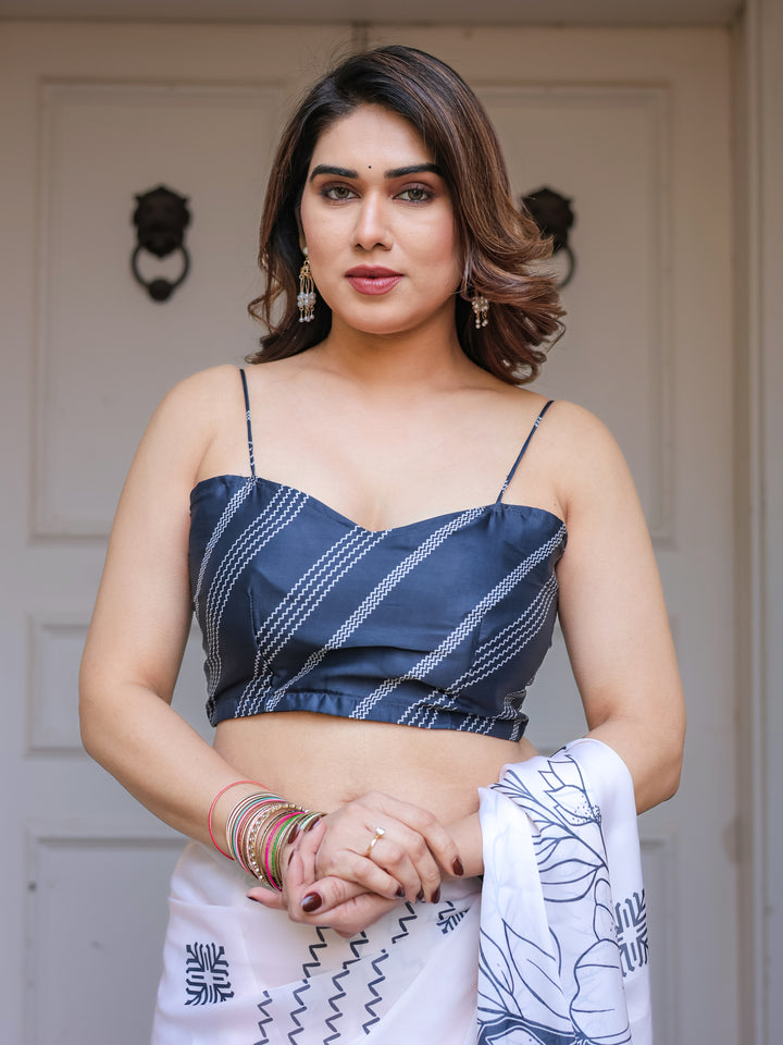 Grey & Ivory Floral Printed Satin Georgette Saree with Matching Blouse – Elegant Contemporary Party Wear