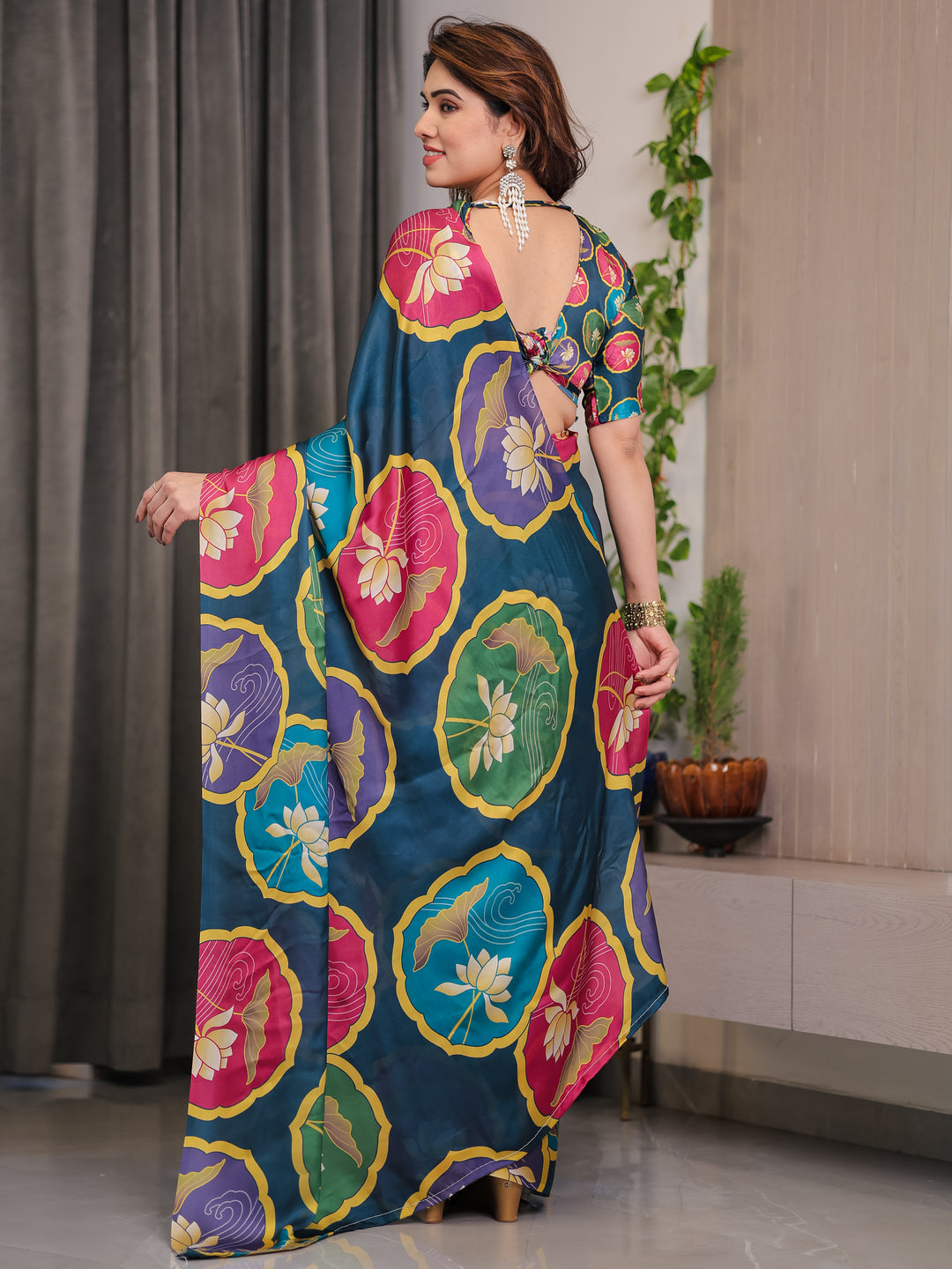 Teal Blue Satin Georgette Lotus Medallion Printed Saree with Attached Blouse – Multicolour Floral Designer Drape