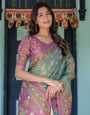 Aqua Green & Lilac Handloom Cotton Saree with Floral Vine Print & Majestic Bird Pallu