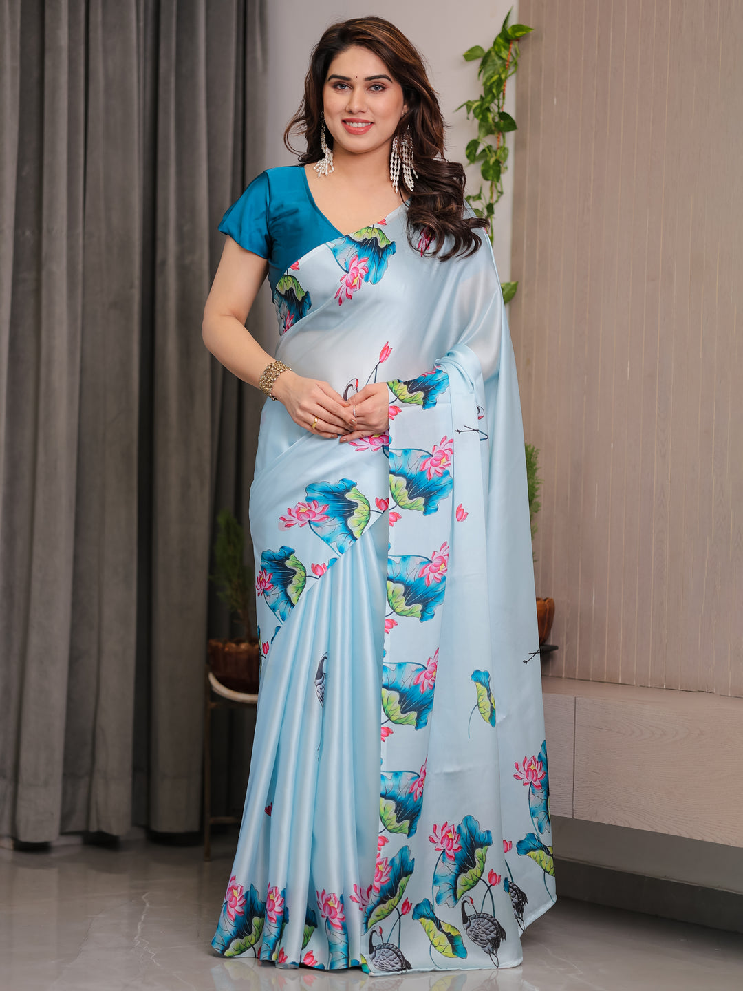 Sky Blue Satin Georgette Lotus & Crane Printed Saree with Attached Blouse – Serene Nature-Inspired Designer Drape
