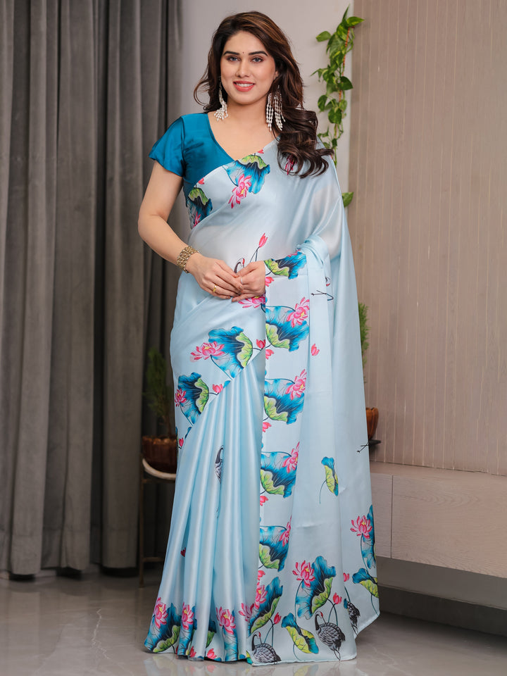 Sky Blue Satin Georgette Lotus & Crane Printed Saree with Attached Blouse – Serene Nature-Inspired Designer Drape