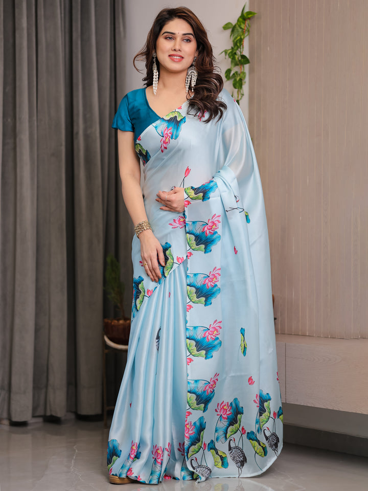 Sky Blue Satin Georgette Lotus & Crane Printed Saree with Attached Blouse – Serene Nature-Inspired Designer Drape