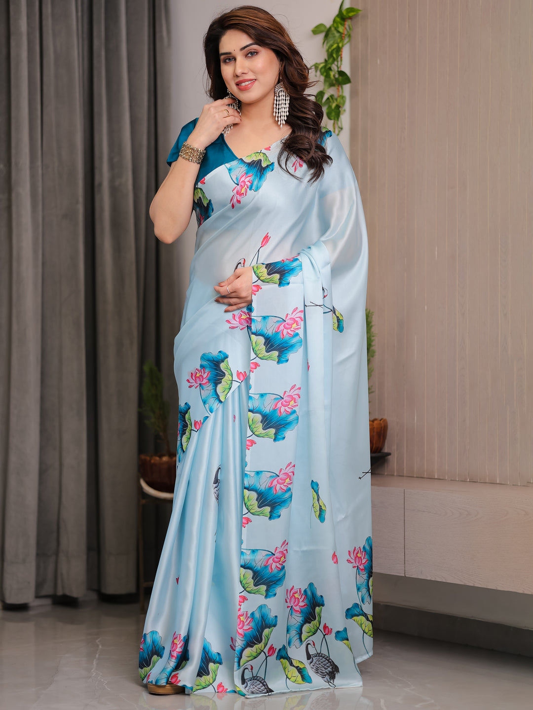 Sky Blue Satin Georgette Lotus & Crane Printed Saree with Attached Blouse – Serene Nature-Inspired Designer Drape