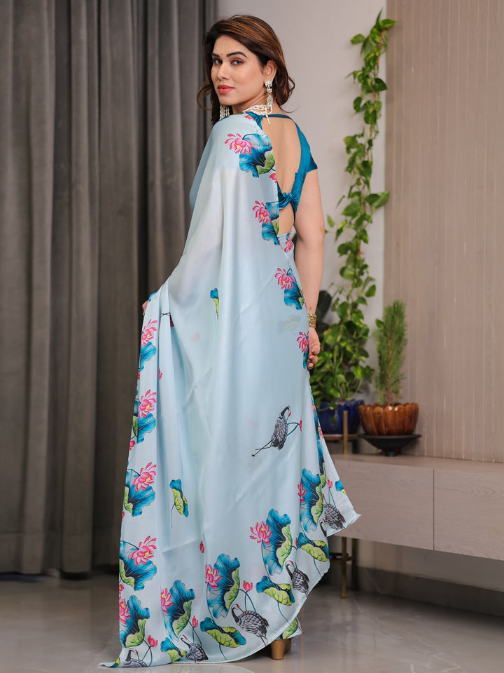 Sky Blue Satin Georgette Lotus & Crane Printed Saree with Attached Blouse – Serene Nature-Inspired Designer Drape