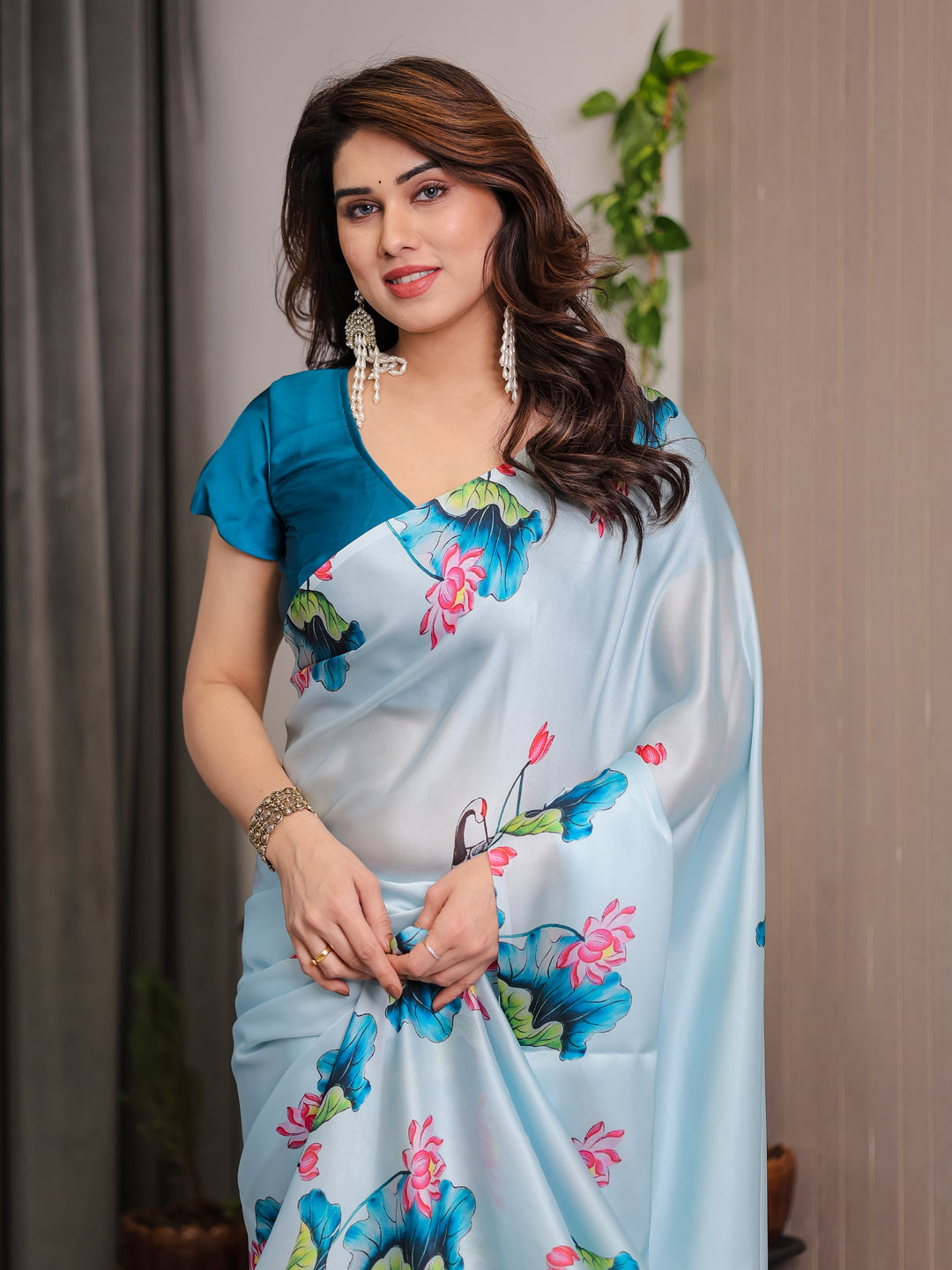 Sky Blue Satin Georgette Lotus & Crane Printed Saree with Attached Blouse – Serene Nature-Inspired Designer Drape