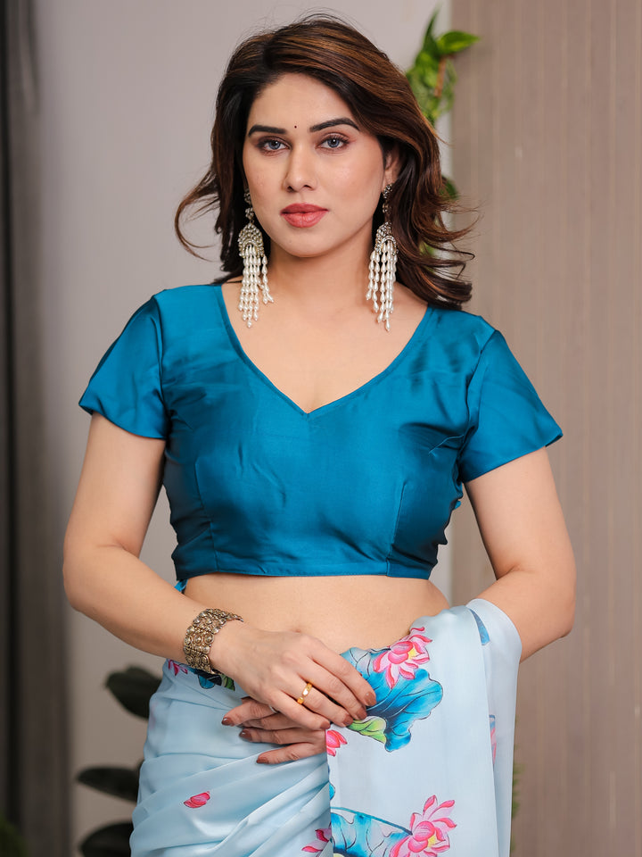 Sky Blue Satin Georgette Lotus & Crane Printed Saree with Attached Blouse – Serene Nature-Inspired Designer Drape