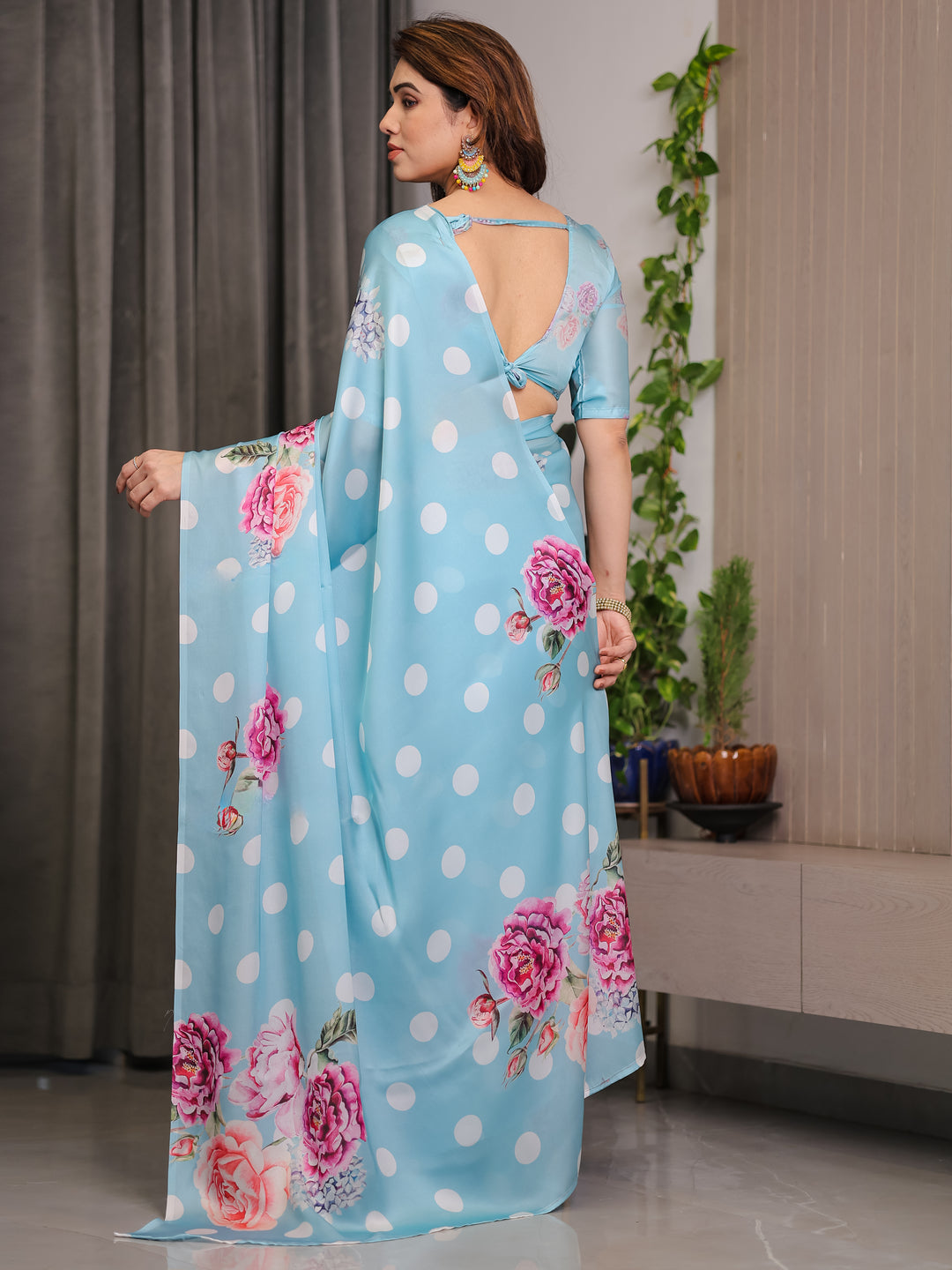 Sky Blue Satin Georgette Polka Dot & Floral Printed Saree with Attached Blouse – Chic Rose Bloom Designer Drape