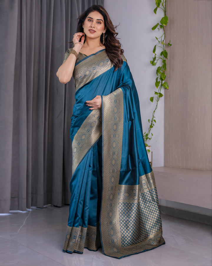 Teal Blue Pure Kanjivaram Silk Saree with Antique Golden Zari Border & Blouse – 5.5m Saree + 0.8m Blouse Piece