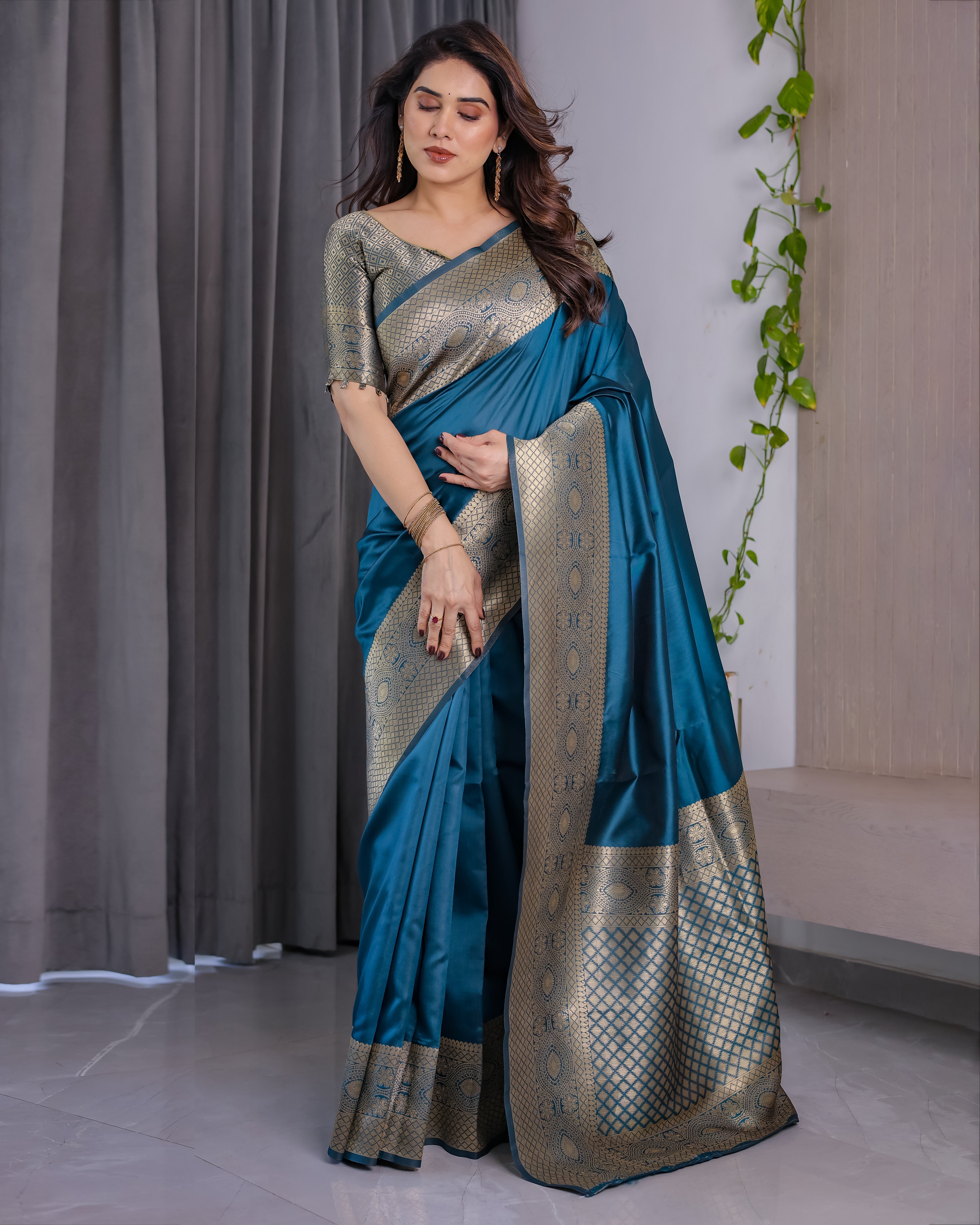 Teal Blue Pure Kanjivaram Silk Saree with Antique Golden Zari