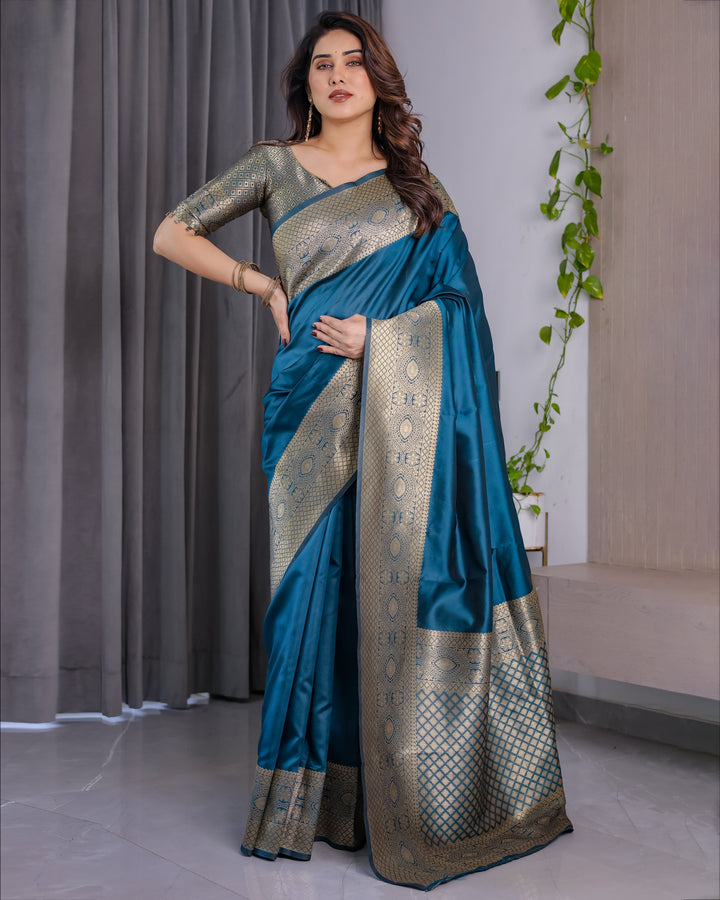 Teal Blue Pure Kanjivaram Silk Saree with Antique Golden Zari Border & Blouse – 5.5m Saree + 0.8m Blouse Piece