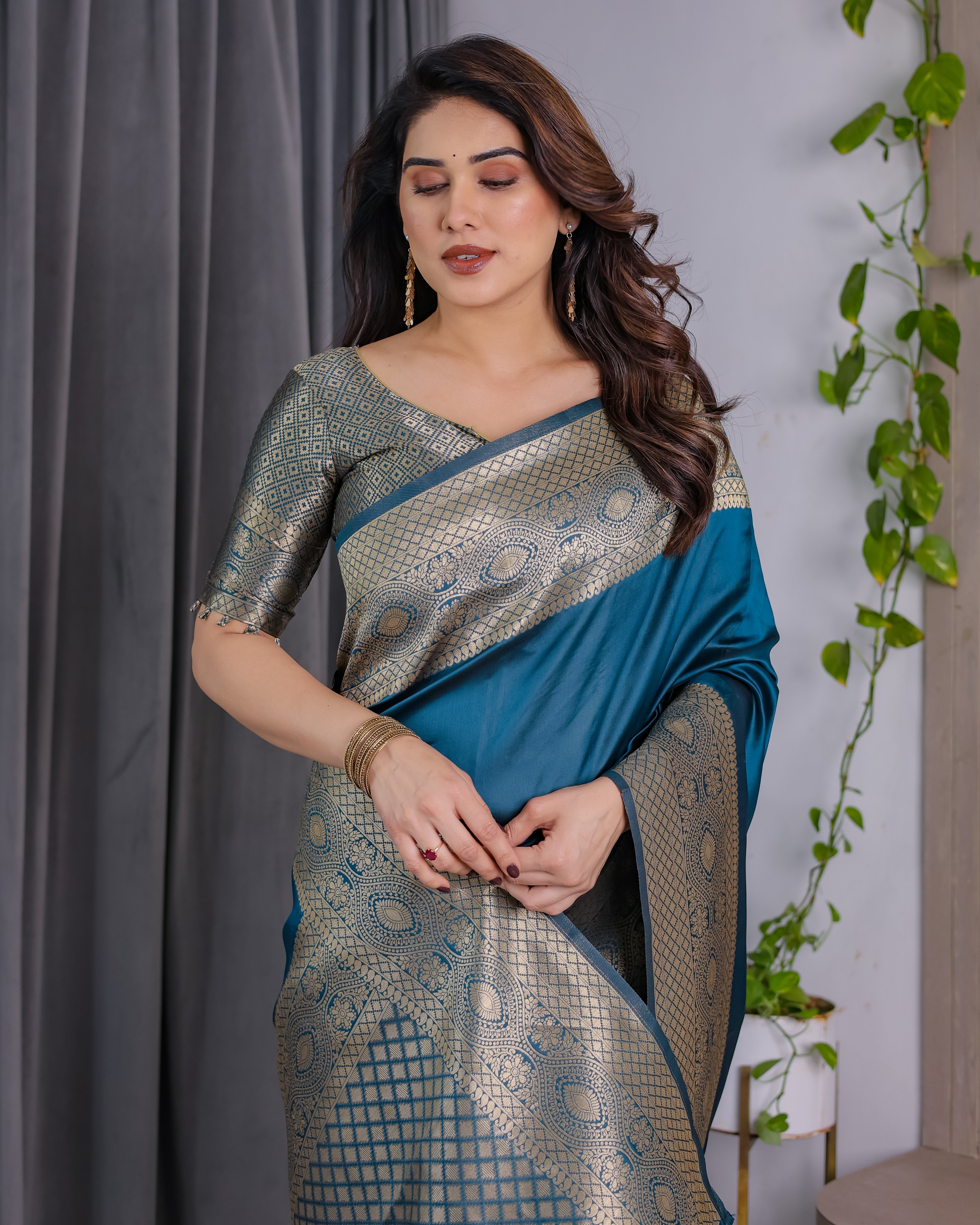 Teal Blue Pure Kanjivaram Silk Saree with Antique Golden Zari