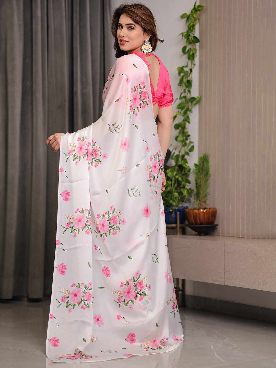 Ivory White Satin Georgette Floral Printed Saree with Pink Blouse – Soft Blossom Designer Drape